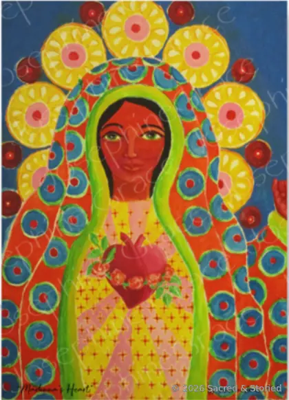 Original sacred portrait in vivid red, yellow, green, and blue surrounded by floral forms